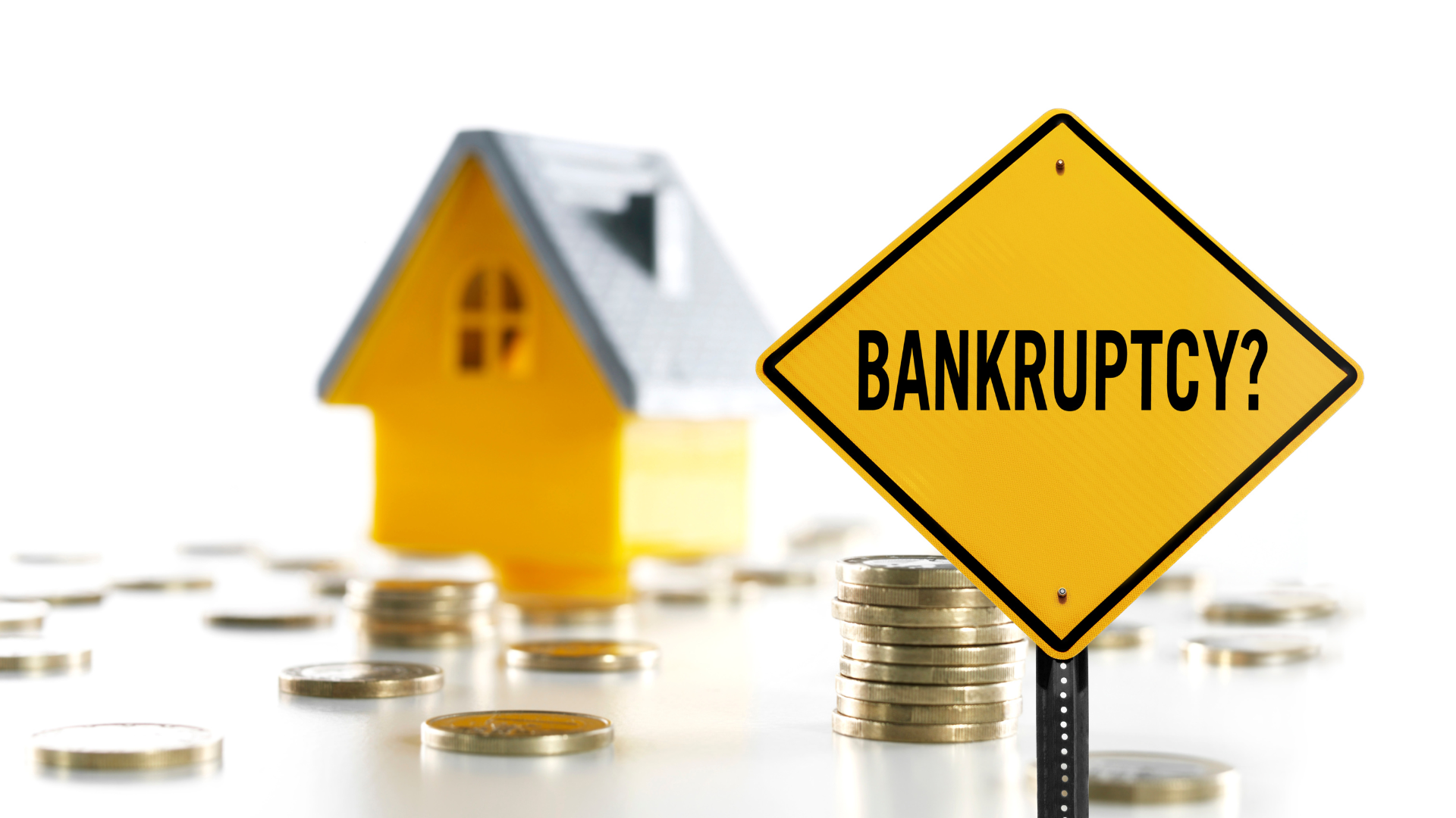 A yellow toy house with coins in front of it and a diamond-shaped sign that reads "Bankruptcy?"