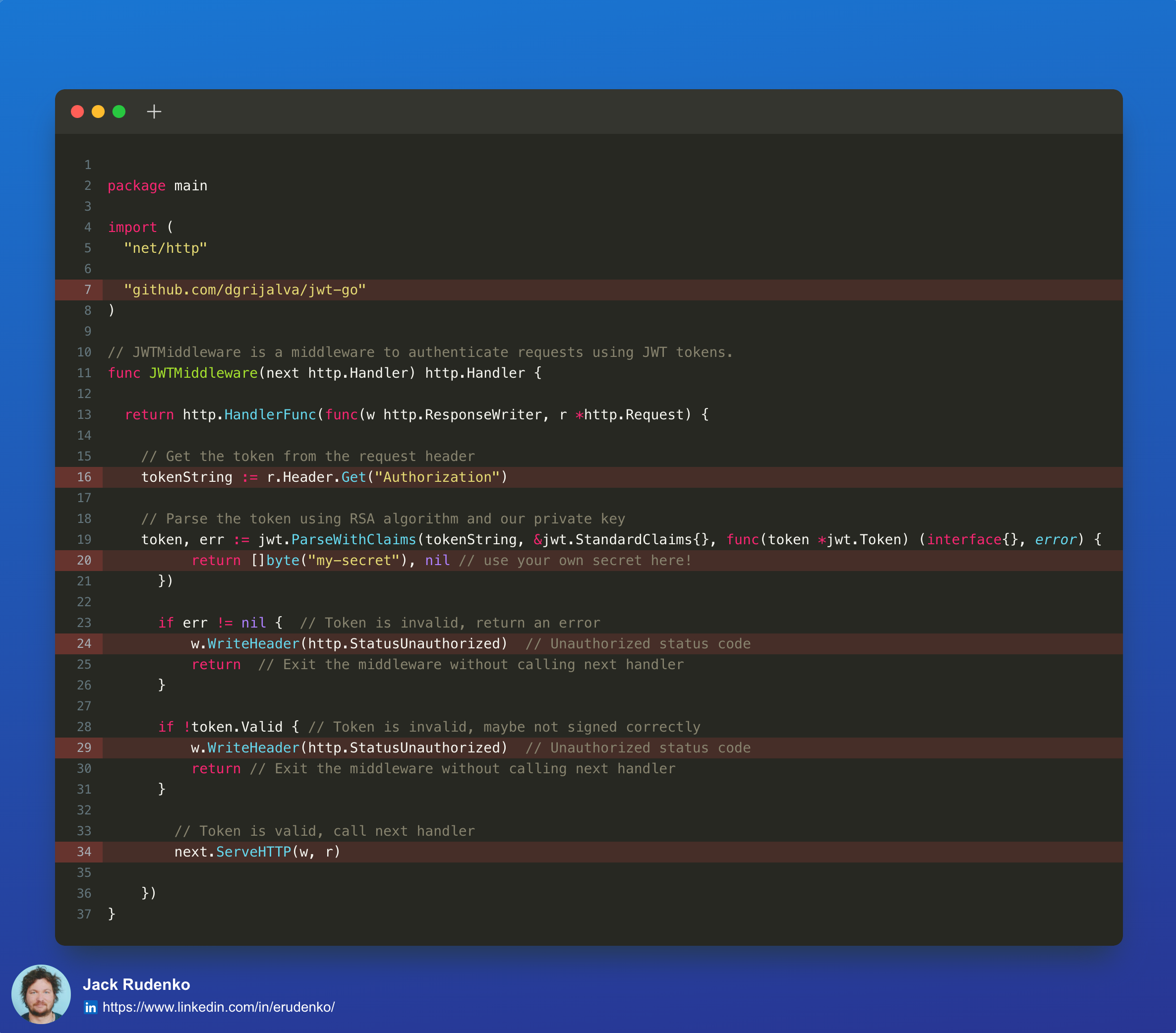 Code generated by ChatGPT in response to the request: 'Write the JWT middleware using RSA tokens in the Go language" with highlighted mistakes