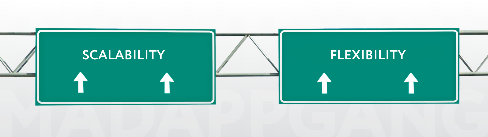 Two road signs with the words "scalability" and "flexability" and arrows up on them