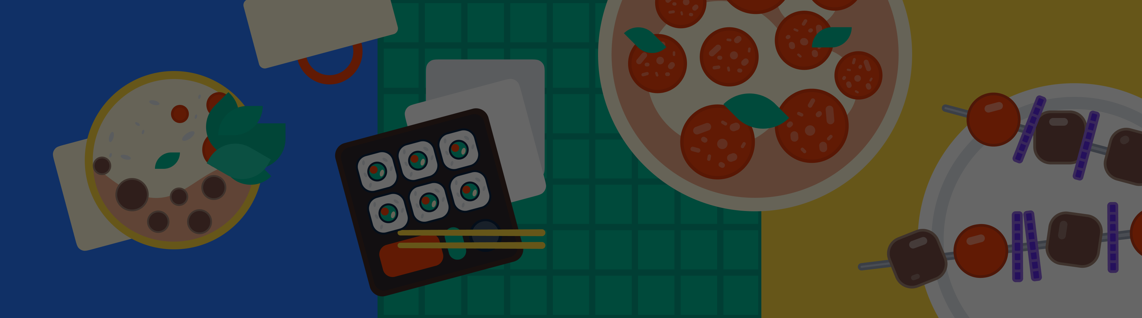 Drawn image depicting a view from above of a table with various dishes