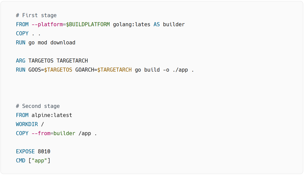 Code snippet to create a binary and transfer it to the target image in Docker