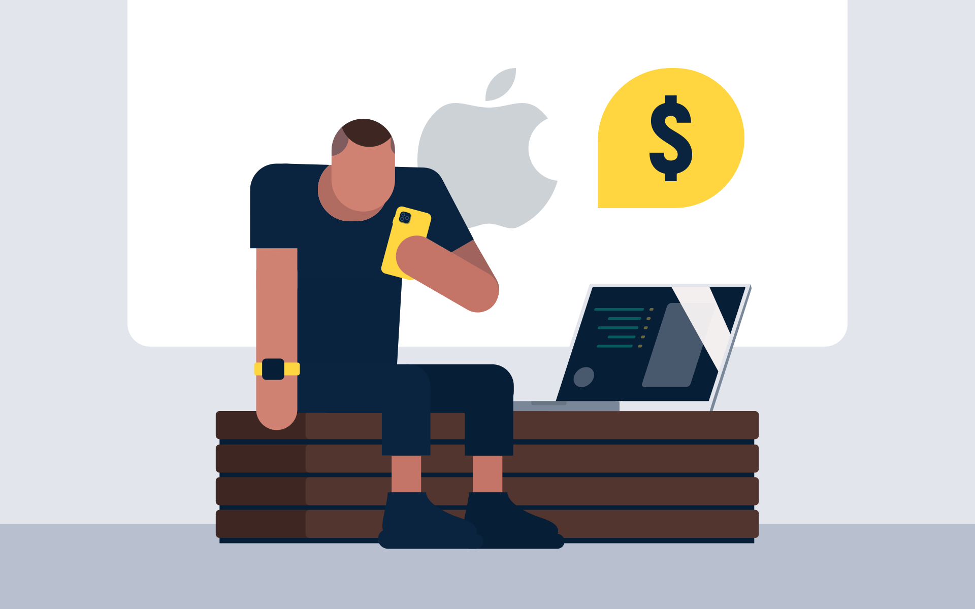 Drawn sketchy developer sitting with the laptop and trying to build ios app
