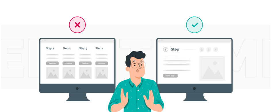 A designer stands between two monitors, one with a successful website design and the other with a failed one