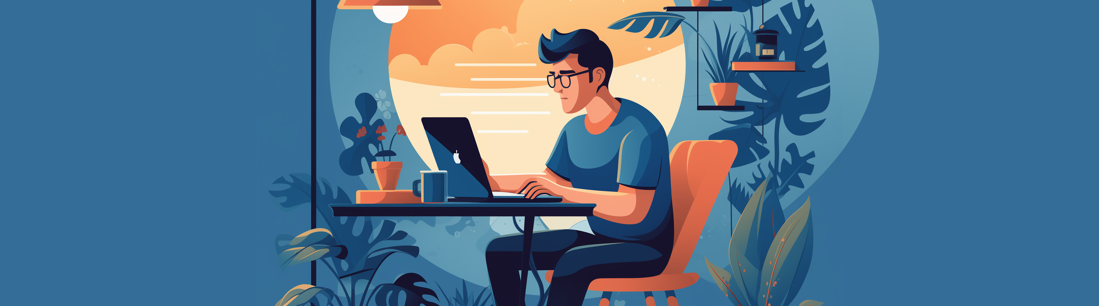 Young developer is sitting at the table in front of a laptop.