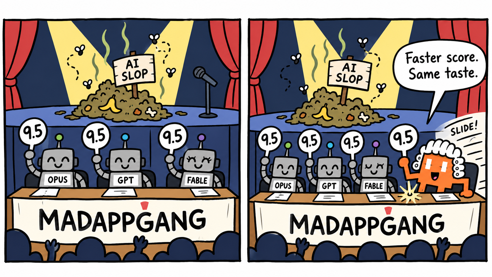 Comic: robot judges OPUS, GPT and FABLE score a pile of AI slop 9.5, and the Claude Code mascot in a judge wig adds its own 9.5: "Faster score. Same taste."