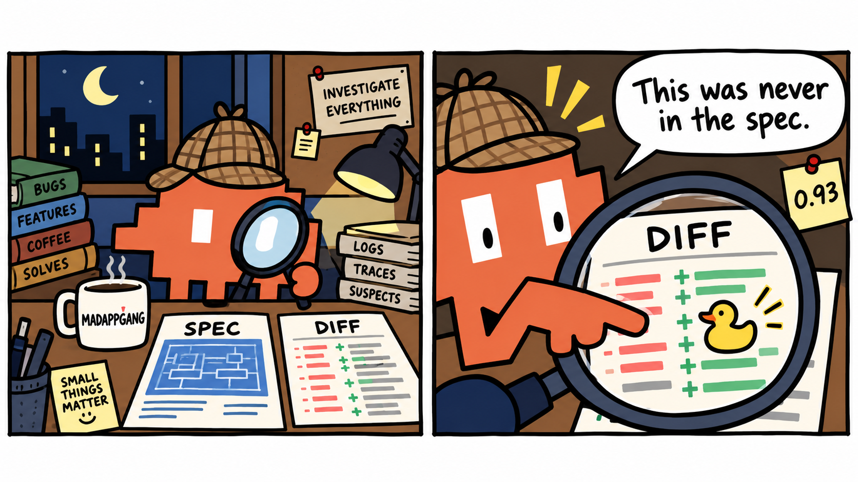Comic: the Claude Code mascot as a detective compares SPEC and DIFF and finds a rubber duck in the diff: "This was never in the spec."