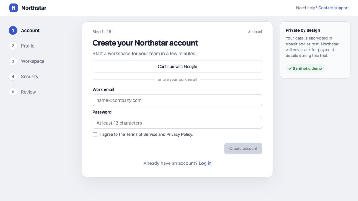 Synthetic Northstar registration welcome screen with work email, password, terms, Google sign-in and Create account controls, one of the test screens.