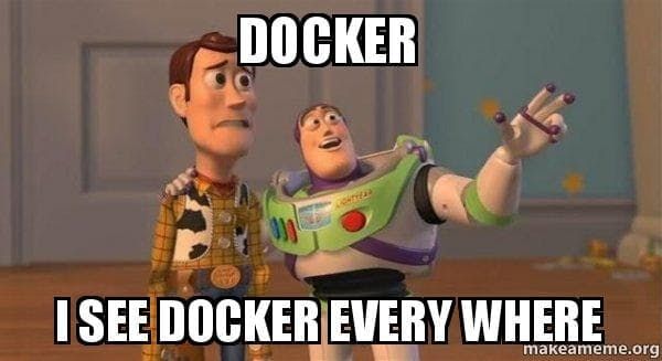 The characters Woody and Buzz Lightyear from the Toy Story cartoon stand next to the sign Docker I see Docker everywhere