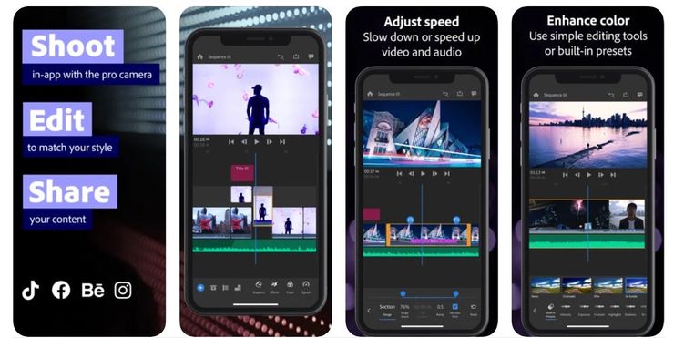 Screenshots of the Adobe Premiere Rush video editing app