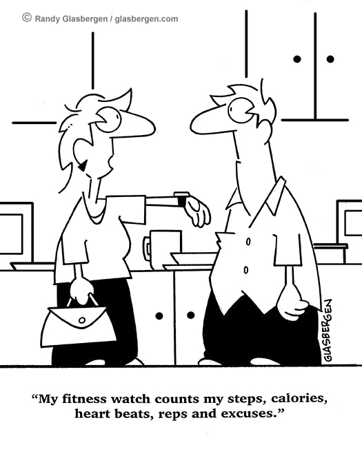 Drawn black and white picture of husband and wife with outstretched hand in kitchen above lettering "My fitness watch counts my steps, calories, heart beats, reps and excuses"