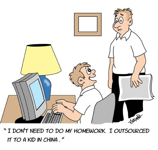 The boy is sitting in front of the computer, telling his father who is standing behind him, 'I don't need to do my homework. I outsourced it to a kid in China.'