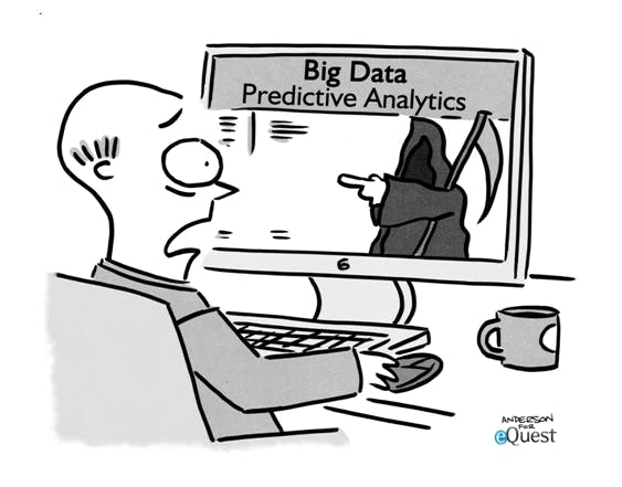 A frightened man sits in front of a monitor with an image of death and the inscription "Big data. Predictive analytics"