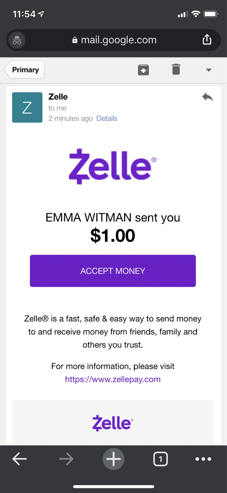 Emailed money transfer notification from Zelle