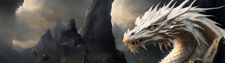 White dragon against the backdrop of dark mountains