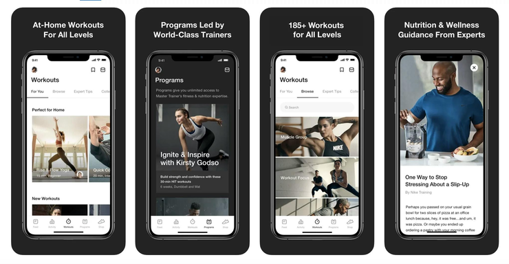 Four screens of Nike Training Club fitness app