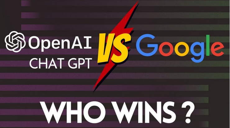 Emblems of ChatGPT and Google with the inscription below them “Who wins?”