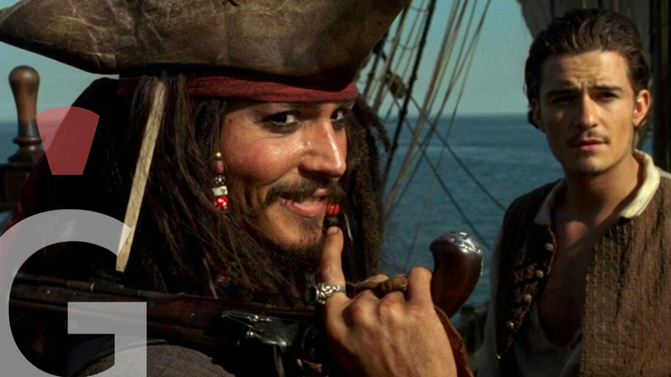 A still from the movie "Pirates of the Caribbean" with Captain Jack Sparrow and Will Turner