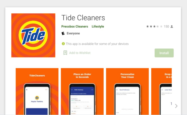 Tide Cleaners app user interface
