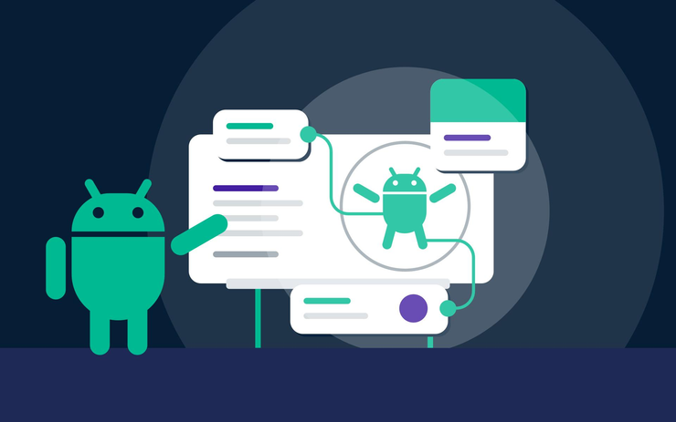 Android logo standing near the scheme of the internal structure of Android application