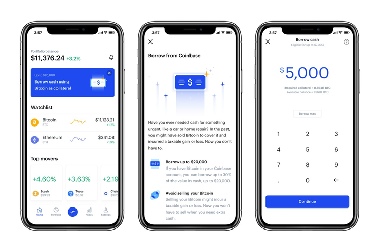 Three screens of the Coinbase app interface