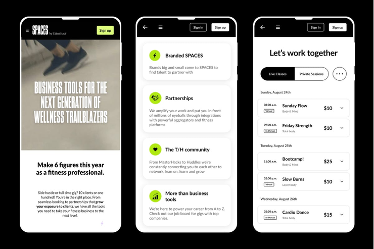Three screens of Spaces app for sports influencers showing its functionality