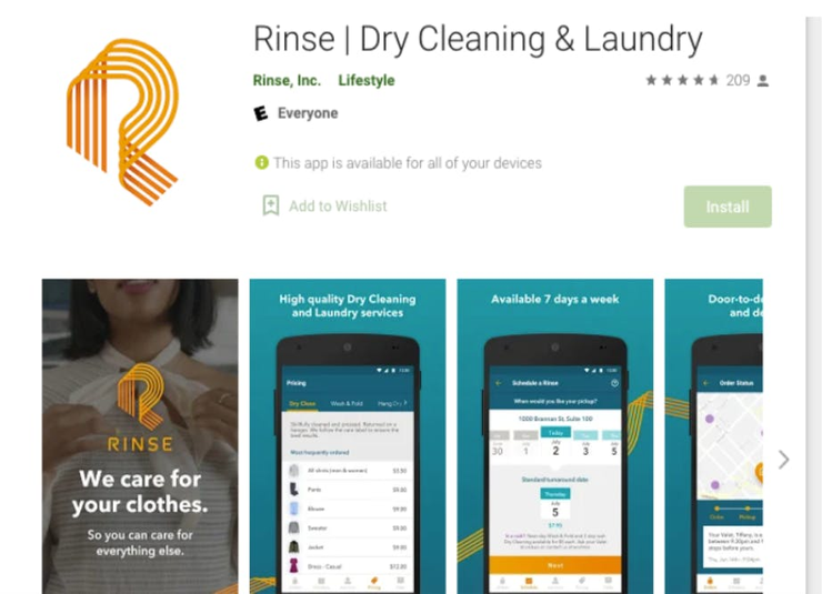 Screenshots of Rinse mobile app - US-based company offering its convenient laundry and dry cleaning delivery services