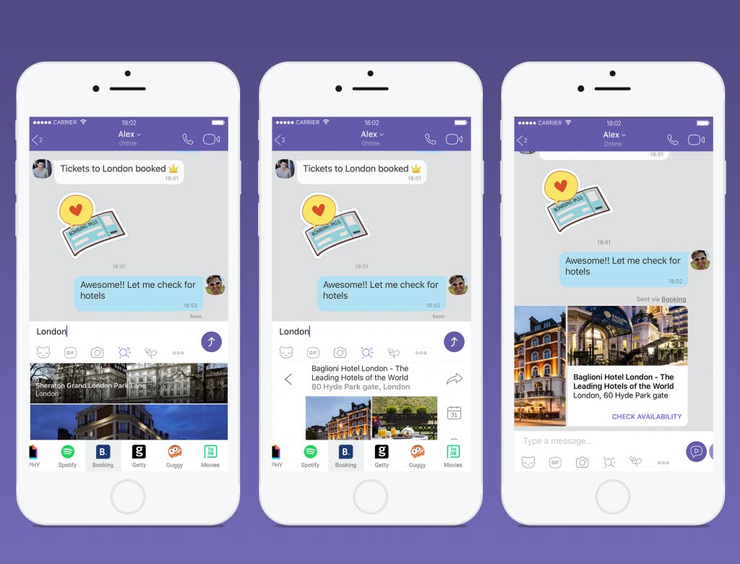 Example of Viber functionality on three screens