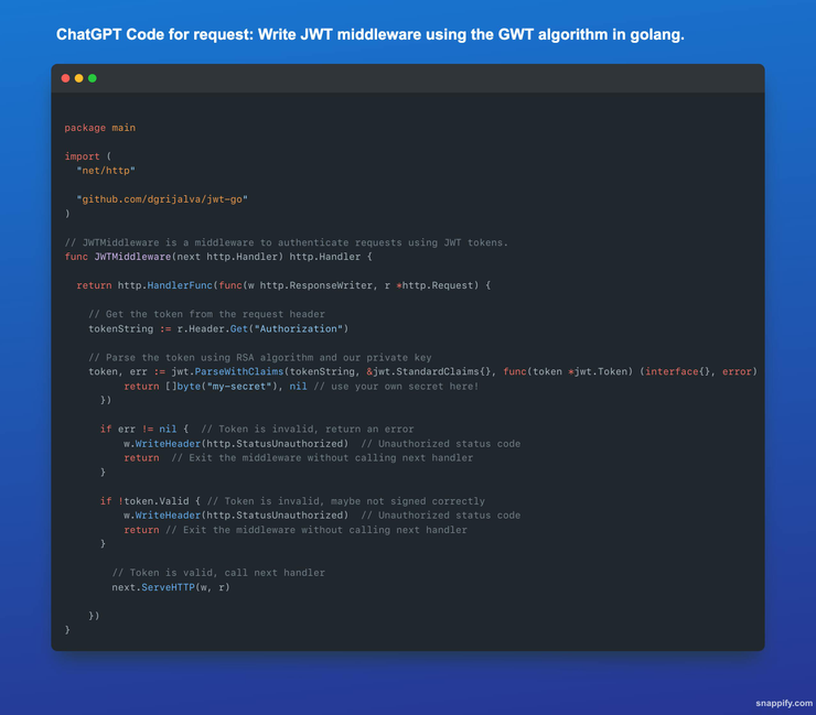 Code generated by ChatGPT in response to the request: "Write the JWT middleware using RSA tokens in the Go language" to check "What can chat gpt do?"