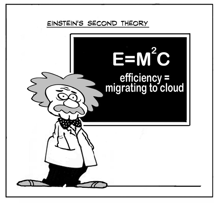 A drawn Einstein stands near a board with a formula and the inscription "Efficiency = migration to cloud"