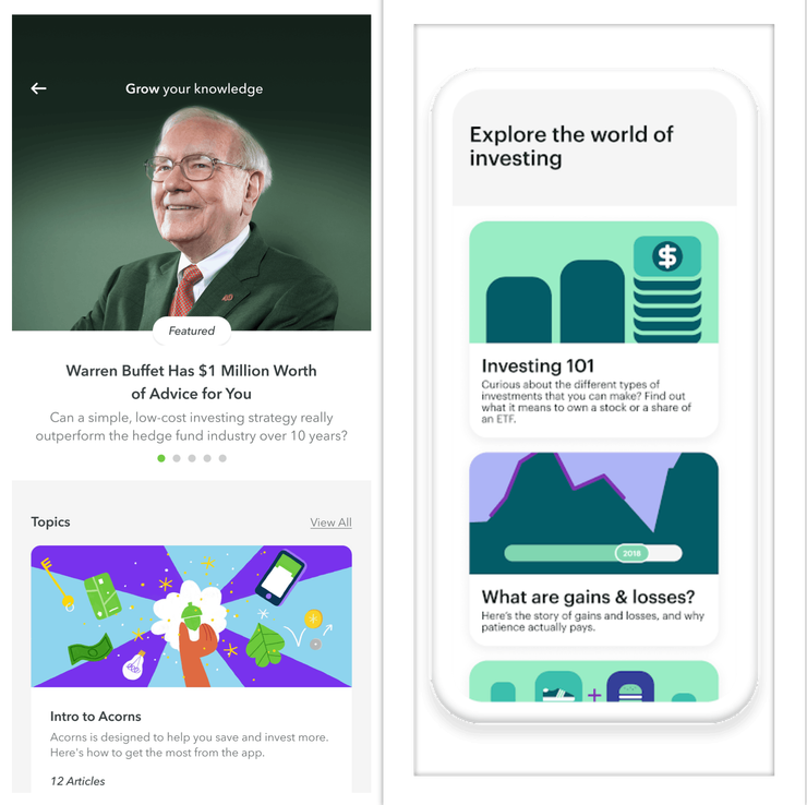 Educational sections in money apps Acorns and Greenlight