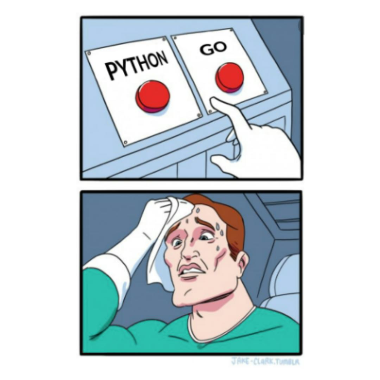 Drawn picture of a superhero trying to choose between two buttons with inscriptions "Pyton" and "Go"